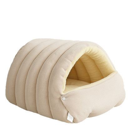 Cuccia chiusa Alcova color Gesso, imbottita a coste con tetto ad arco